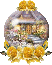 A snow globe with a cottage in the snow, on yellow roses
