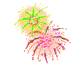 Fireworks bursting in yellow, pink, blue and red