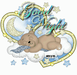 Good Night, with a teddy bear asleep on a cloud in a heart of stars