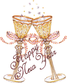 Two glasses of champagne with a pink ribbon, and Happy New Year