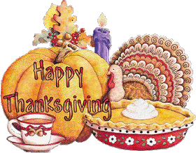 Happy Thanksgiving on a big pumpkin, with a turkey, a pumpkin pie and a cup of tea