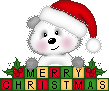 A white bear in a Santa hat over the letters Merry Christmas
