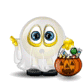 Boo! A little ghost with a pumpkin of treats