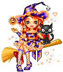 A witch on her broom with a black cat