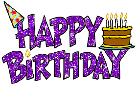 Happy Birthday in purple glitter letters with a party hat and a cake