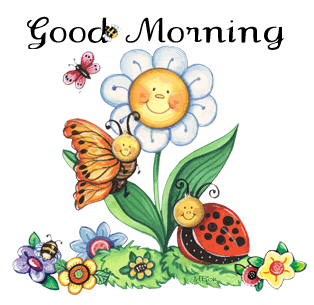 Good Morning, with a smiling flower, a butterfly and ladybirds