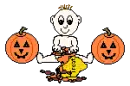 halloween baby plays with leaves