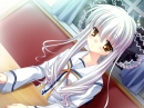 white haired anime girl sitting