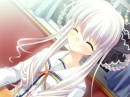 white haired anime girl smiling