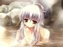 white haired anime girl onsen