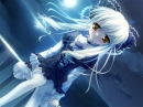 white haired anime girl in a gothic lolita dress