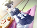 white haired anime girl with a strawberry cake