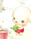 cute kawaii blushy puppy watering flowers
