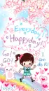 cute kawaii happy girl walking on rainbow
