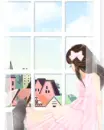 romantic girl looking through the window