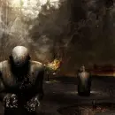 dark figures and burning tree