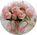 Pink Roses in Teapot in circle (with floating hearts)- Gina