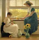 Two Victorian women cutting flowers