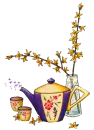 Tea pot, two cups and floral arrangement