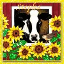 cow in a barn with sunflowers around it
