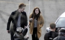 Robert Pattinson as Edward Cullen and Kristen Stewart as Bella Swan on the Twilight set