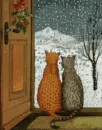 cats stare outside snowing