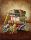 stacked fringed books