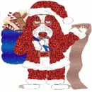 dog in a santa suit with a sack
