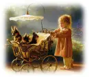 little girl with puppies
