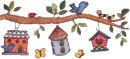 Two blue birds with a pink ribbon. Two white swans, necks intertwined. Birdhouses on a tree branch and a small blue bird.
