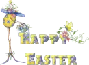 Country Yellow and Blue Happy Easter with Easter Egg Lady, Bunny, Flowers, and Butterflies