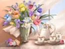 coffee and flowers by window