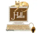 CAT SITTING ON A COMPUTER WITH HELLO