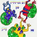 three colorful frogs