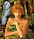 Blonde woman by waterfall