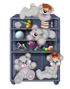 creddy bears in a book shelf