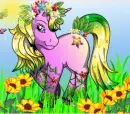 pony grazing in flower meadow