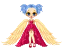 Blue haired angel in a red party dress