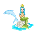 Mermid Queen sitting on a rock, with her dolphin pet!