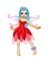 blue haired fairy in a red flower dress!