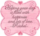 pink tag with name Rachel