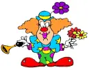 Girl clown with flowers and horn