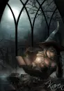 witch with spellbook at window