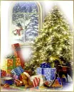 christmas tree presents snow outside