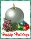 silver round candle with baubles happy holidays