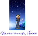 "Have a serene night, friend!" beautiful goddess with night sky and planets