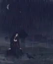 girl with raven in cemetery raining