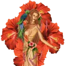 girl with parrot and lilies