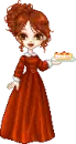 cute girl in a red dress, with pie!