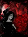 goth woman in red with raven